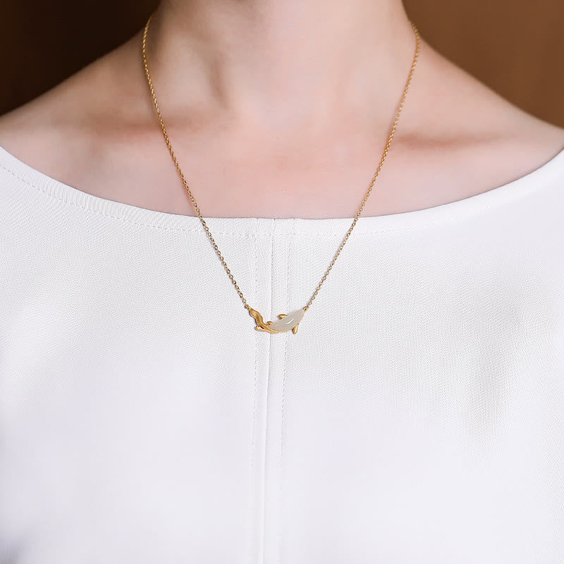 925 Sterling Silver White Jade Dolphin Luck Necklace Pendant