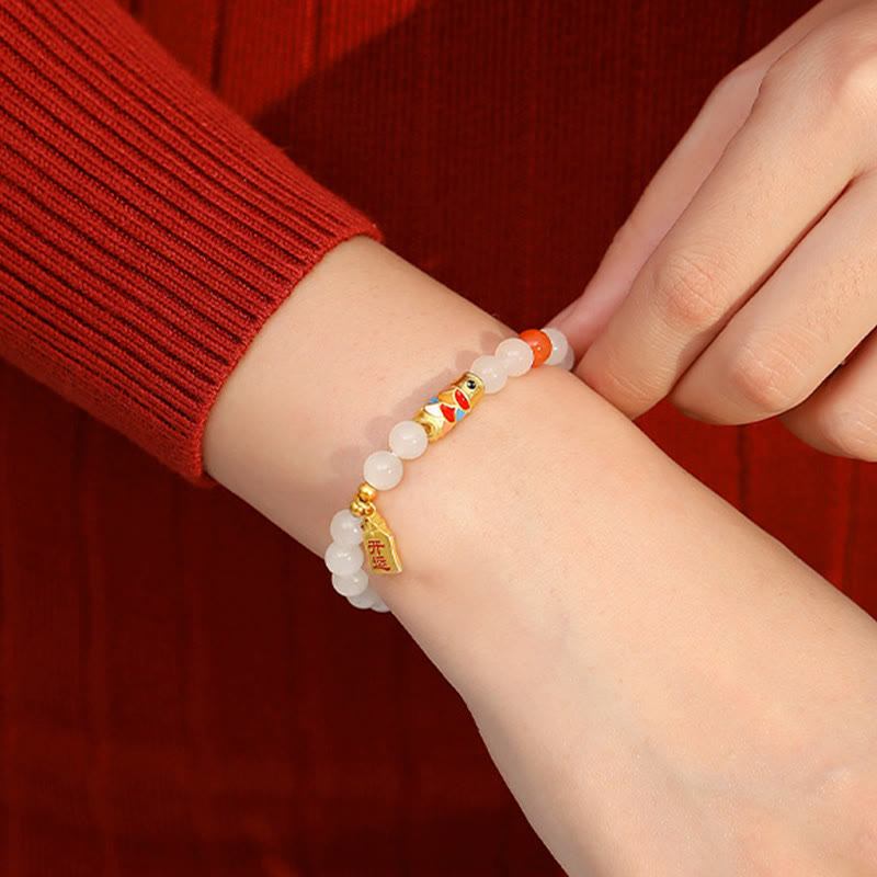 925 Sterling Silver Koi Fish Red Agate & Hetian White Jade Beaded Bracelet
