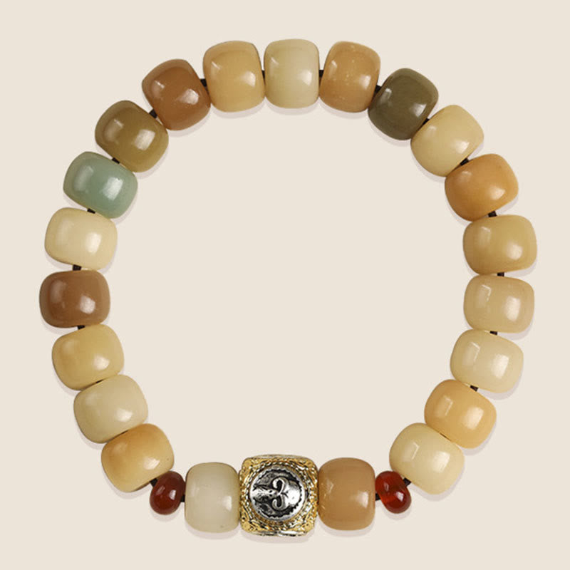 Natural Bodhi Seed & Red Sandalwood Om Mani Padme Hum Citipati Kapala Bracelet
