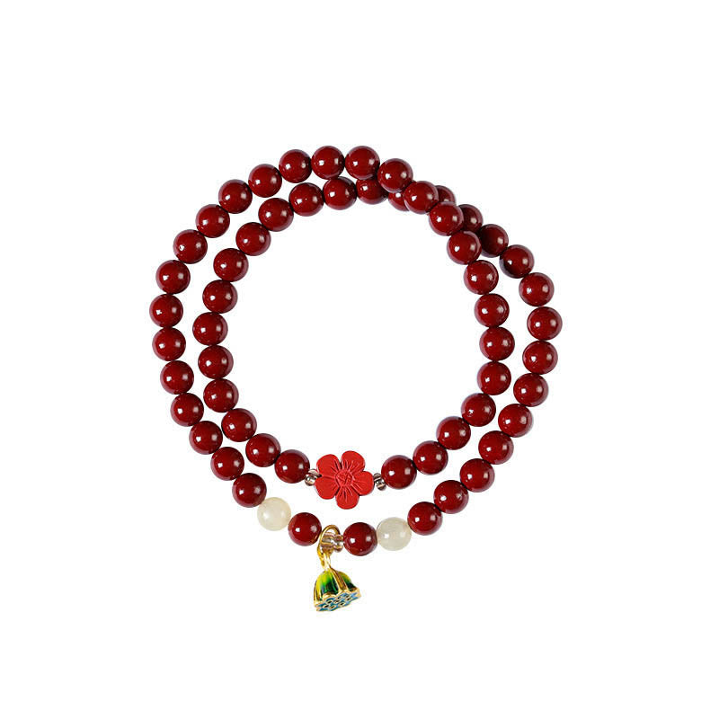 Agate and Cinnabar Lotus Charm Double Wrap Blessing Bracelet