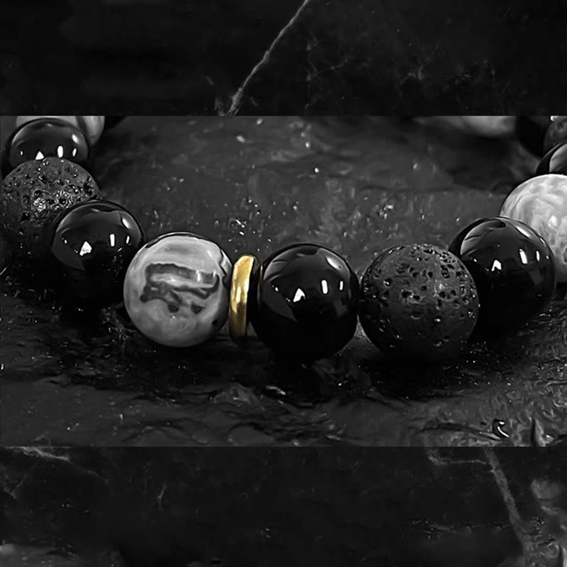 Yin Yang Balance Beaded Bracelet with Black Obsidian and Lava Stone