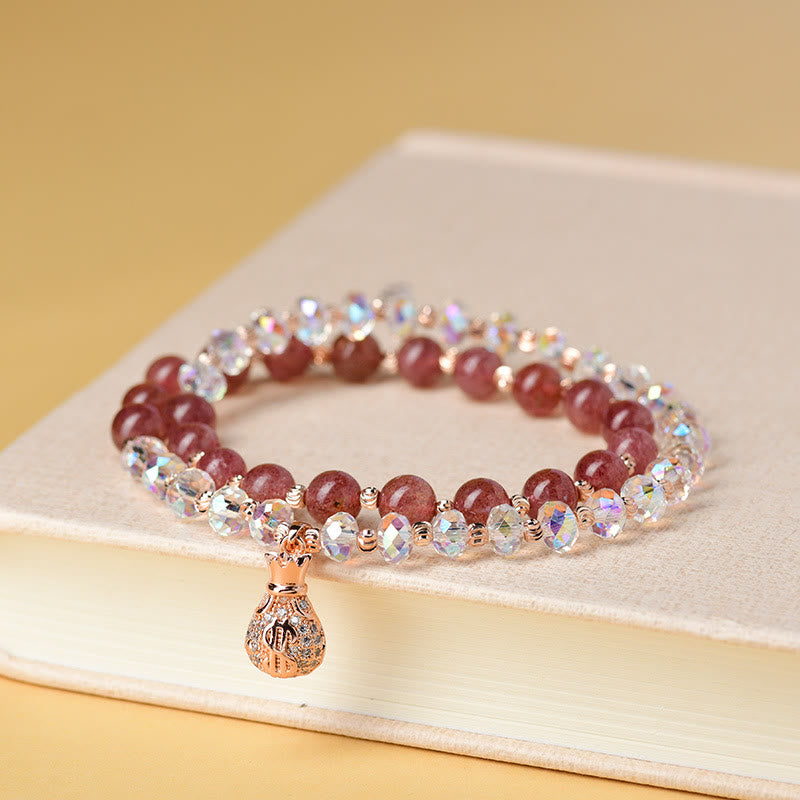 Strawberry Quartz and Clear Quartz Wealth Bag Copper Charm Bracelet for Women