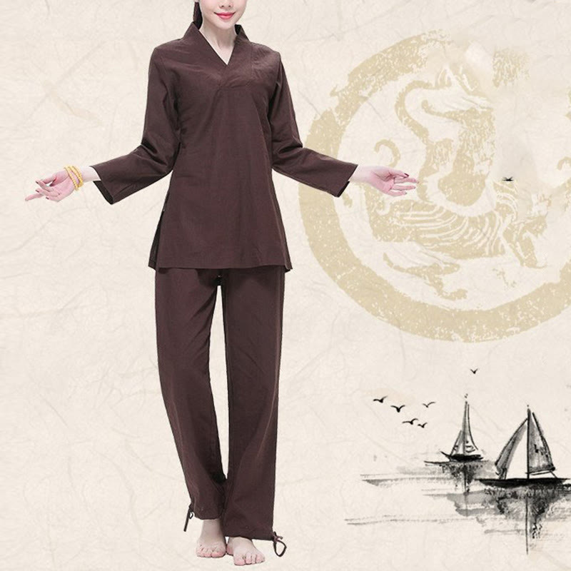 Zen Practice Yoga Meditation Prayer V-neck Design Uniform Cotton Linen Clothing Women's Set