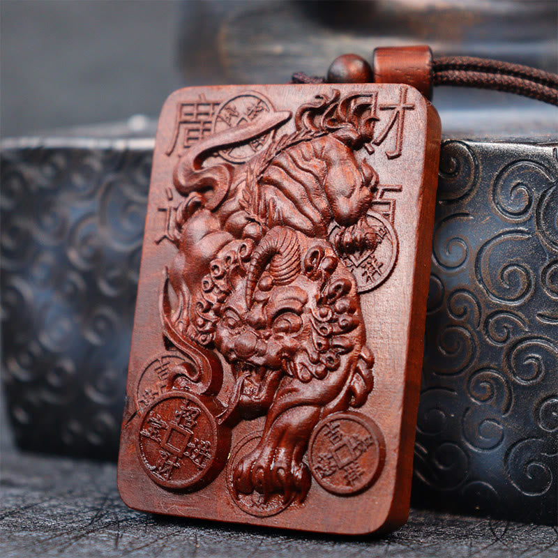 Natural Lightning Struck Jujube Wood PiXiu Copper Coin Good Fortune Necklace Pendant