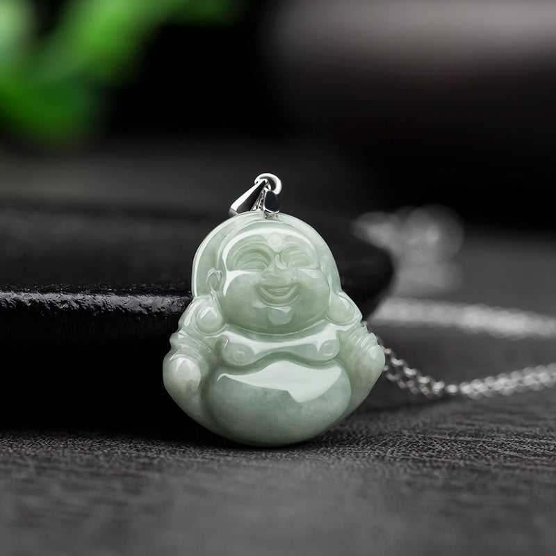 925 Sterling Silver Carved Jade Laughing Buddha Pendant Necklace