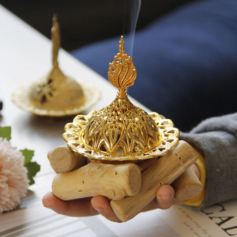 Mini Gold Alloy Buddha Incense Burner with Protective Wooden Coaster