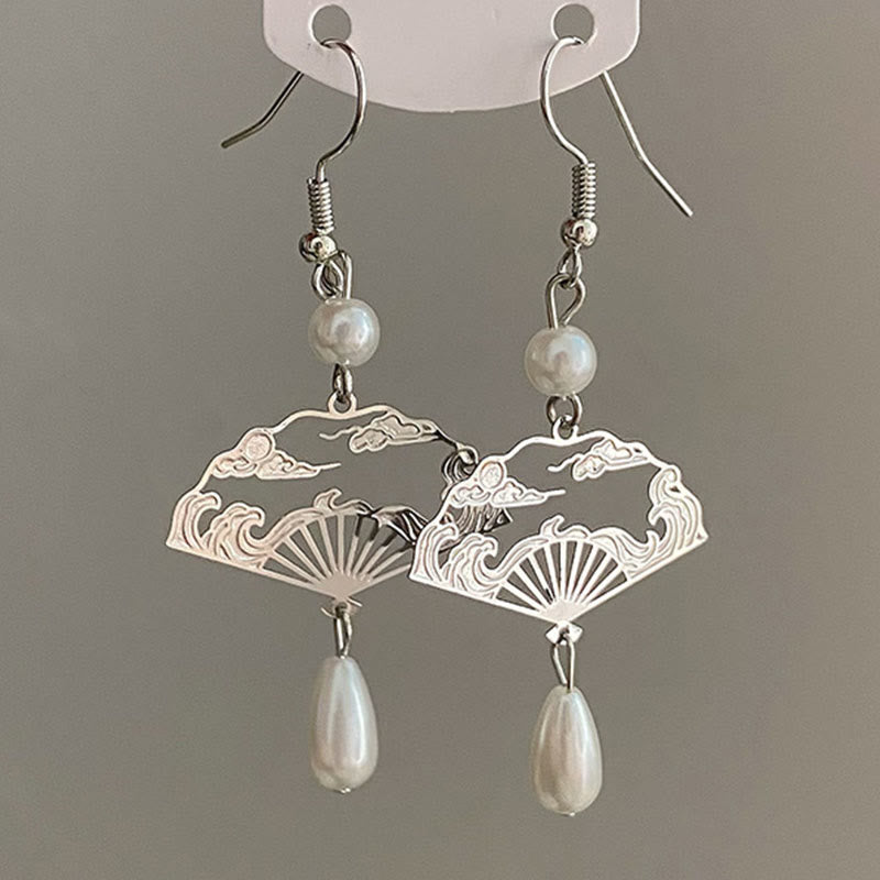 Copper Fan Auspicious Clouds Pearl Healing Drop Earrings
