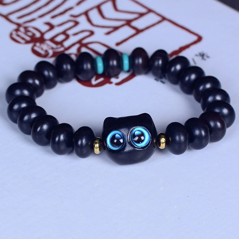Natural Ebony Wood and Liuli Glass Lucky Cat Beaded Bracelet for Cat Lovers