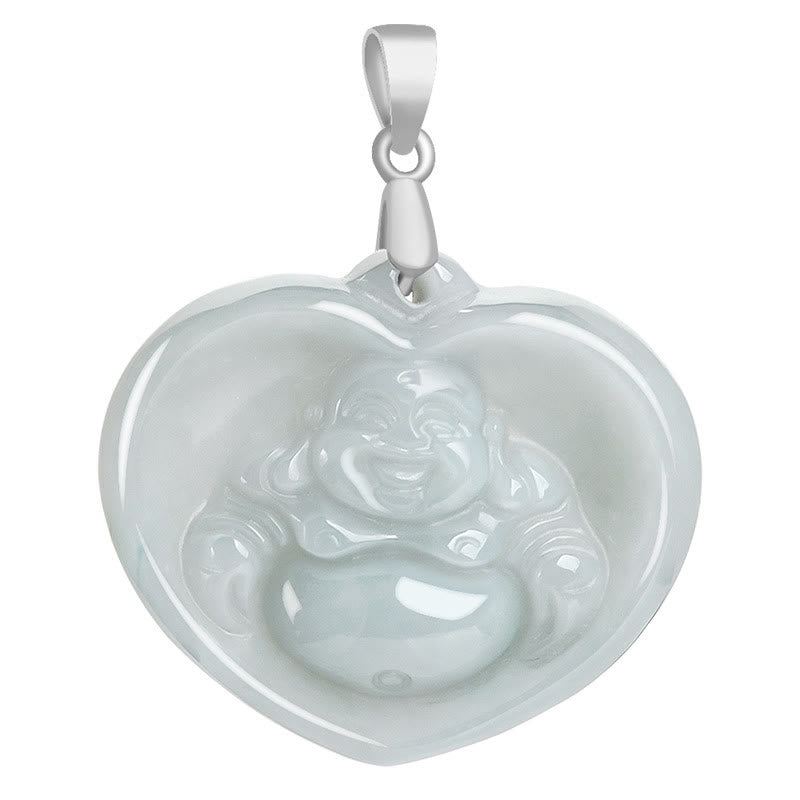 925 Sterling Silver Laughing Buddha White Jade Luck Blessing Necklace Pendant
