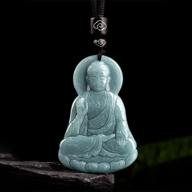 Amitabha Buddha Natural Jade Lotus Amulet Compassion String Necklace Pendant