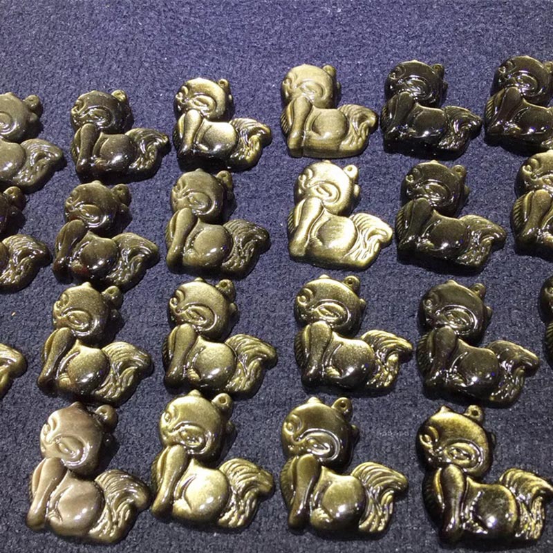 Natural Rainbow Obsidian Gold Sheen Obsidian Nine Tailed Fox Positive Necklace Pendant