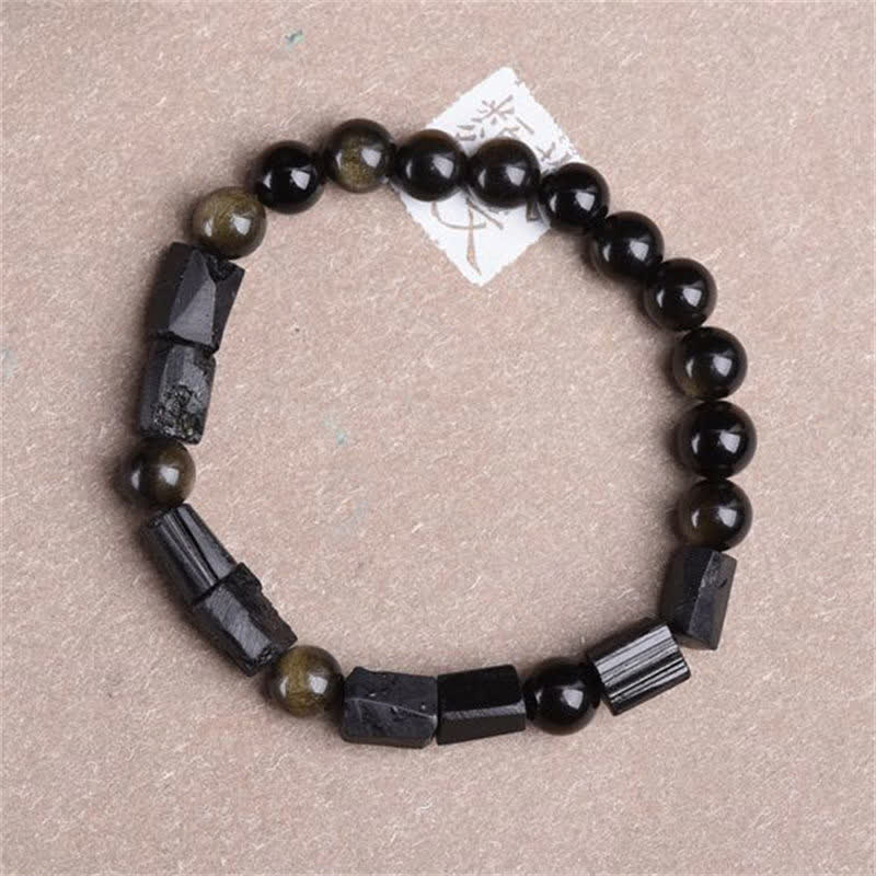 Handmade Gold Sheen Obsidian and Black Tourmaline Beaded Elastic Bracelet