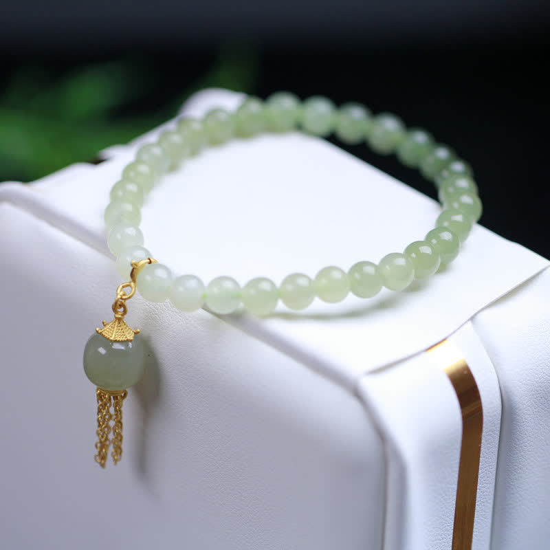 925 Sterling Silver Hetian Jade Beaded Wealth Bag Charm Bracelet