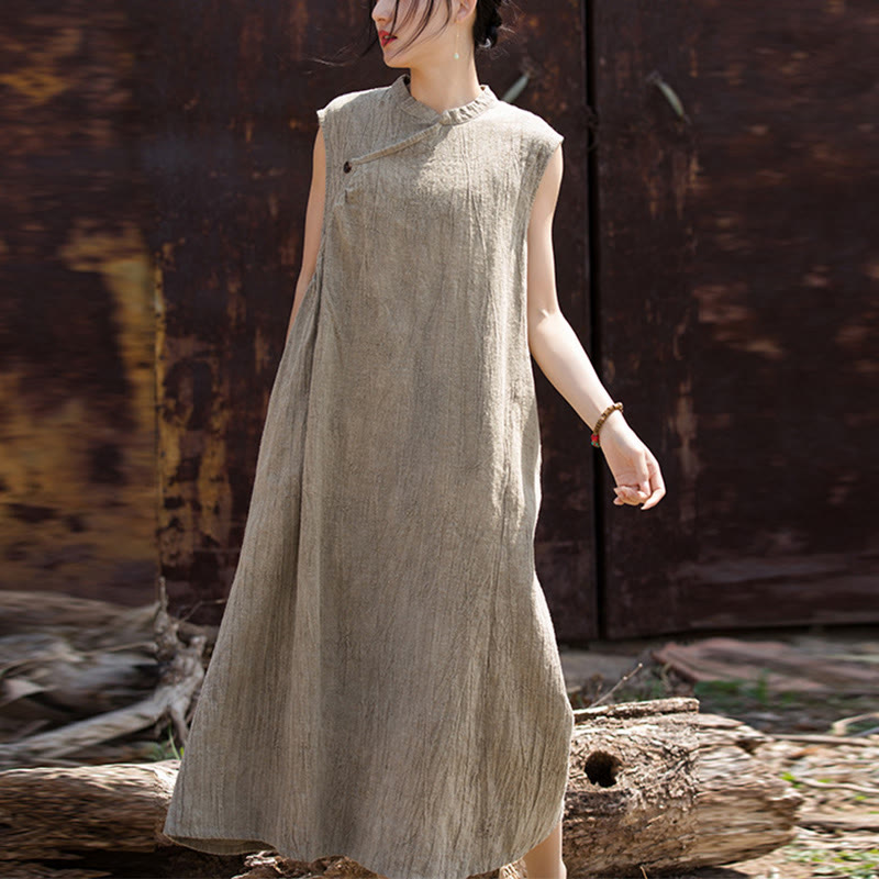 Handmade Tie Dye Midi Dress Linen Sleeveless Dress