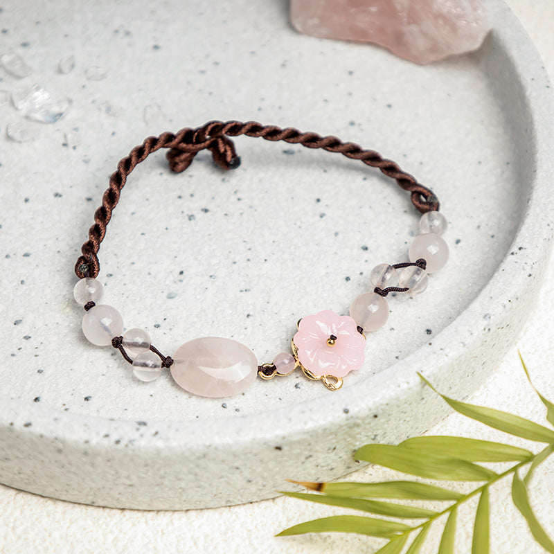 Flower of Love Rose Quartz Adjustable Pink Crystal Anklet