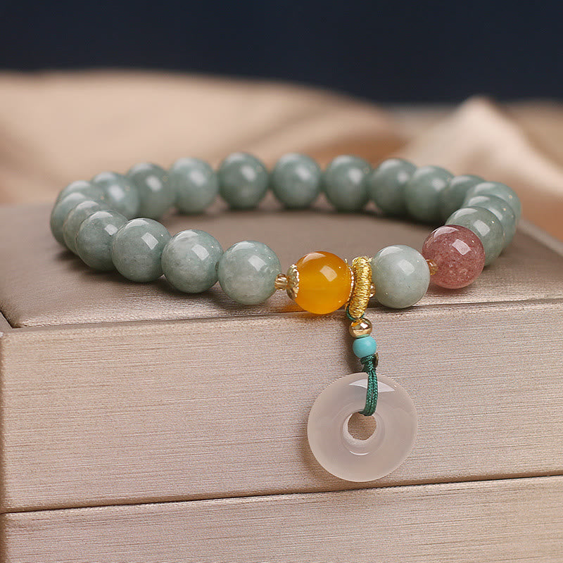 Natural Jade Strawberry Quartz Bead Peace Buckle Prosperity Bracelet