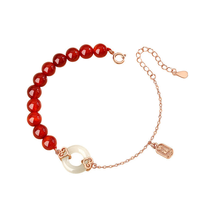 Natural Red Agate and White Jade Ping An Kou 925 Sterling Silver Peace Buckle Bracelet