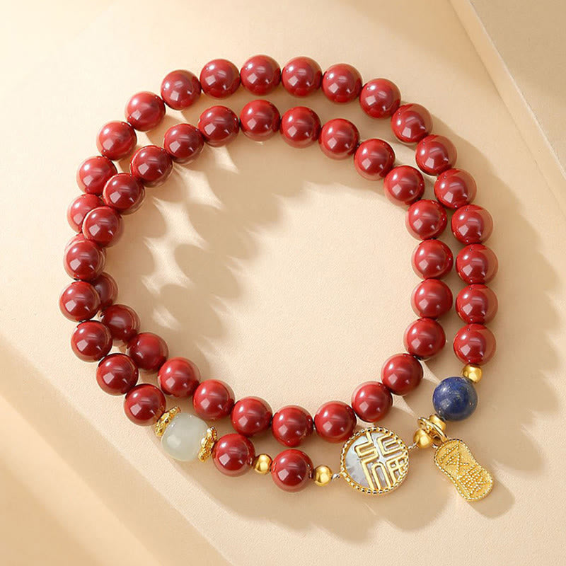 925 Sterling Silver Cinnabar Tridacna Stone Fu Character Double Wrap Blessing Bracelet