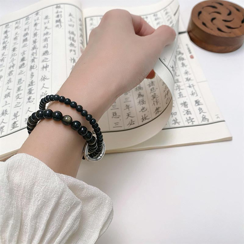 999 Sterling Silver Black Obsidian Fulfillment Strength Double Layer Bracelet