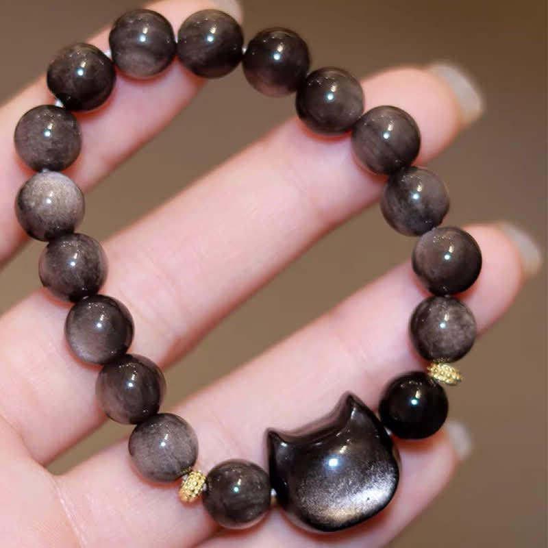 Handmade Gold & Silver Sheen Obsidian Feline Motif Beaded Bracelet
