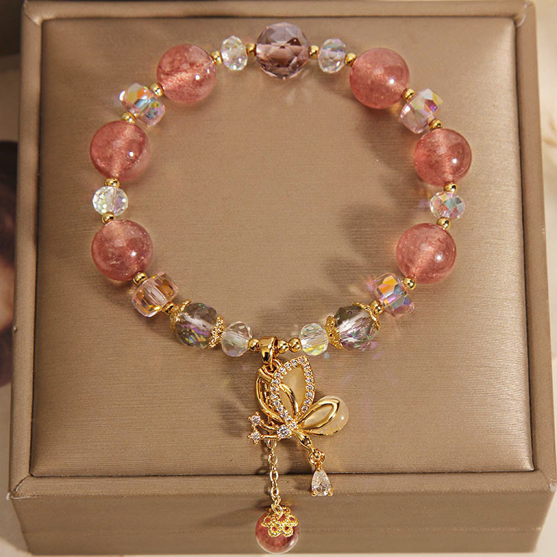 Natural Strawberry Quartz Healing Positive Butterfly Charm Bracelet