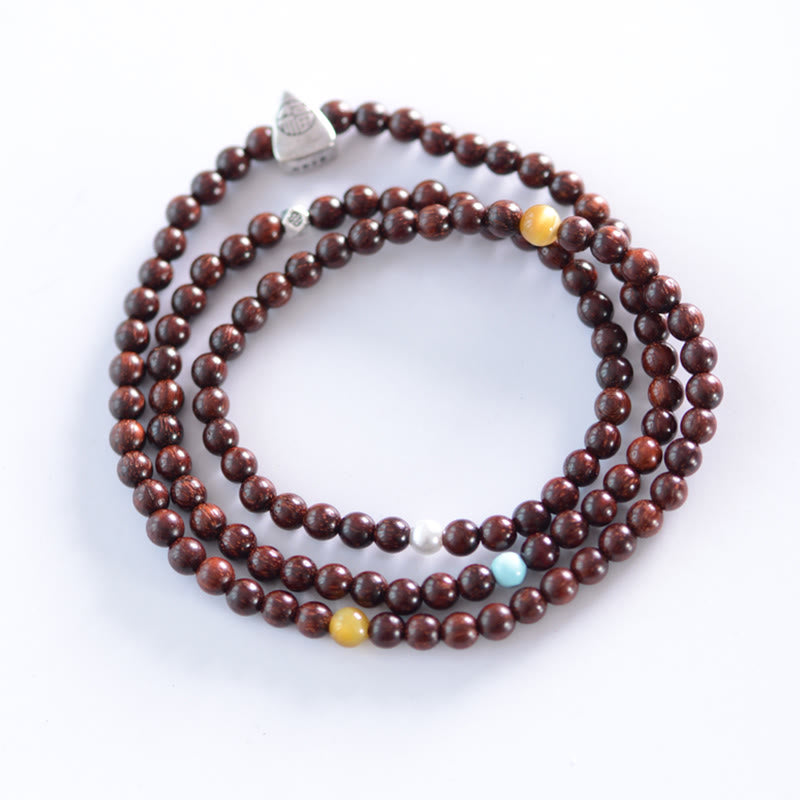 925 Sterling Silver Indian Small Leaf Red Sandalwood Fu Character Protection Triple Wrap Bracelet