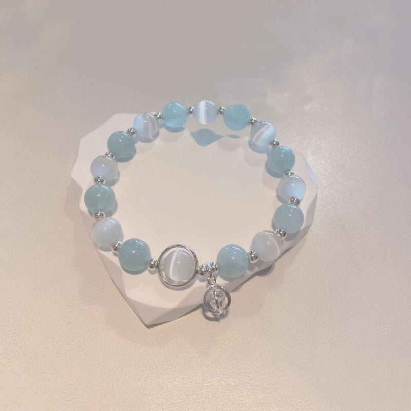 Handcrafted Cat's Eye & Aquamarine 925 Sterling Silver Support Charm Bracelet