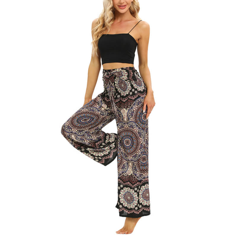 Boho Mandala Print Lace-up Wide Leg Pants Women's Yoga Pants