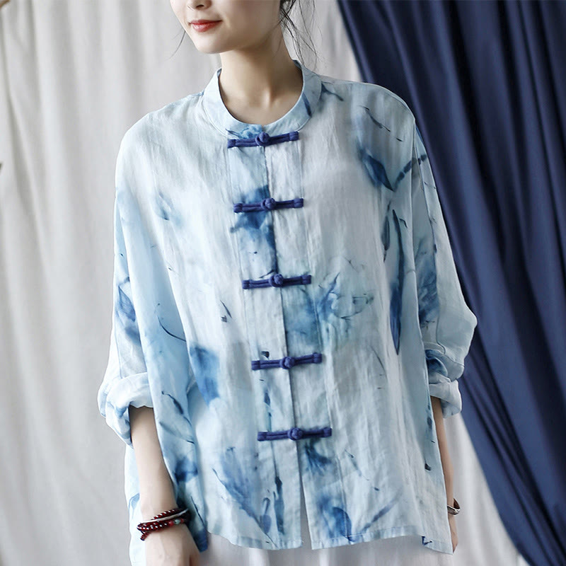 Tie Dye Blue Flowers Frog-Button Design Long Sleeve Ramie Linen Jacket Shirt