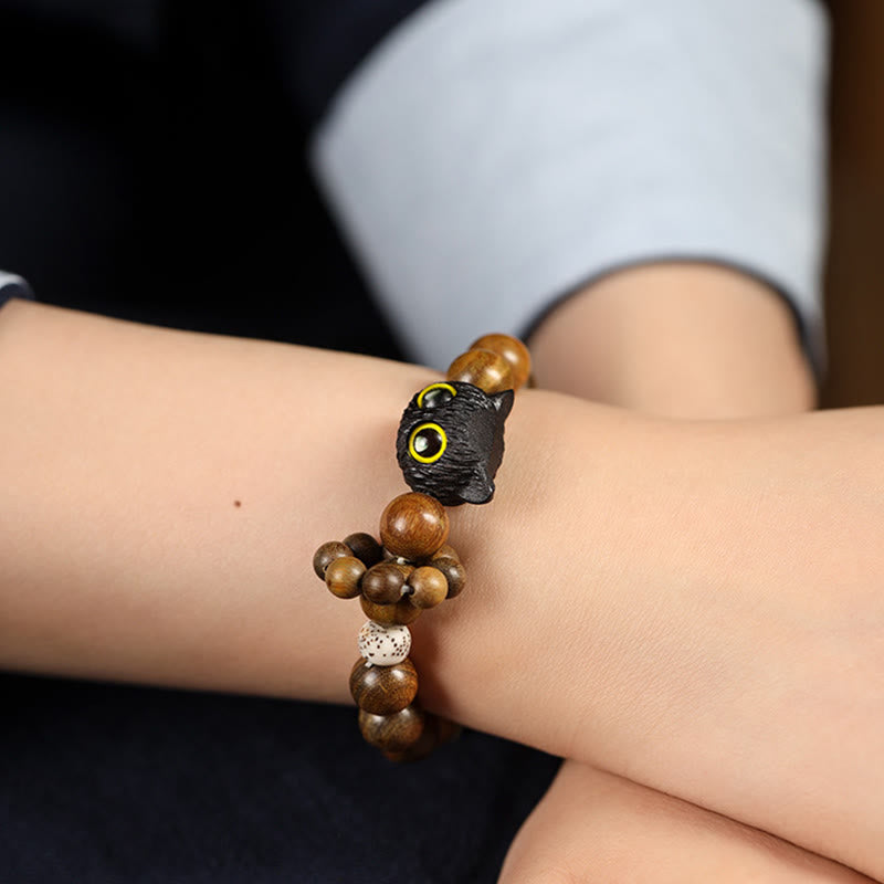 Hand-Carved Green Sandalwood & Ebony Wood Feline Bodhi Seed Beaded Bracelet