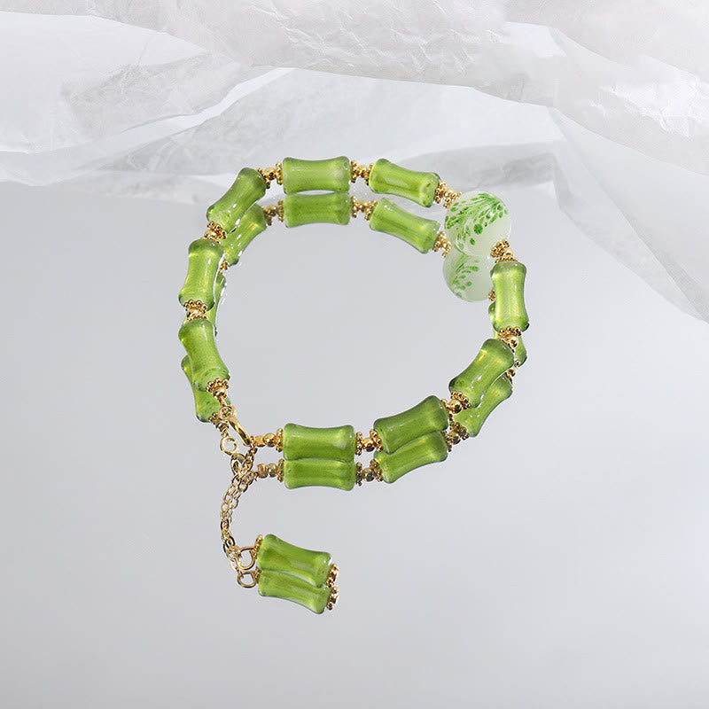 Handcrafted Moss Agate and Green Liuli Crystal Bamboo Motif Chain Bracelet