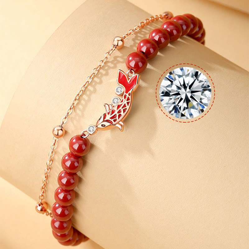 Polished 925 Sterling Silver Koi Fish Charm Bracelet with Cinnabar and Zircon Double Layer Chain