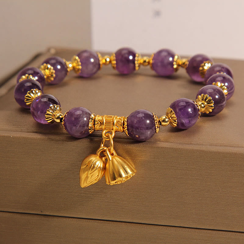 Natural Amethyst Gemstone Lotus Charm Mindfulness Bracelet