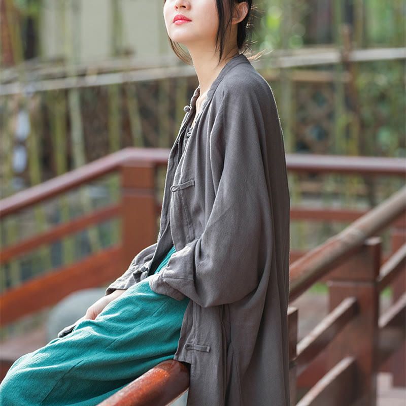 Frog-Button Long Sleeve Zen Meditation Open Front Jacket With Pockets