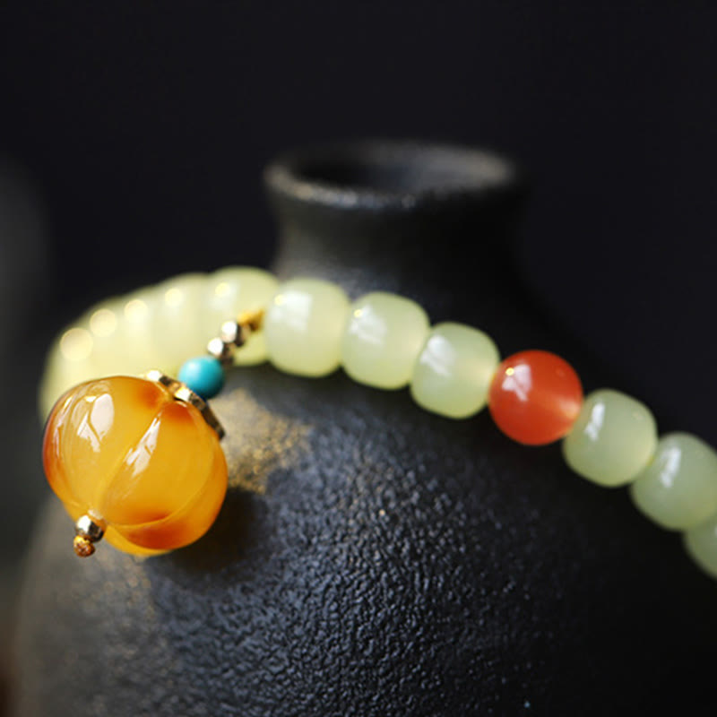 Natural Hetian Jade Amber and Red Agate Pumpkin Carved Gemstone Bracelet