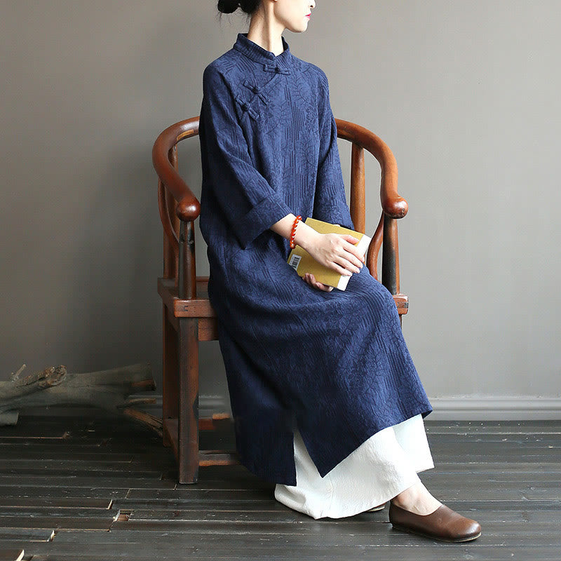 Flower Jacquard Midi Dress Long Sleeve Cotton Linen Dress Wide Leg Pants With Pockets