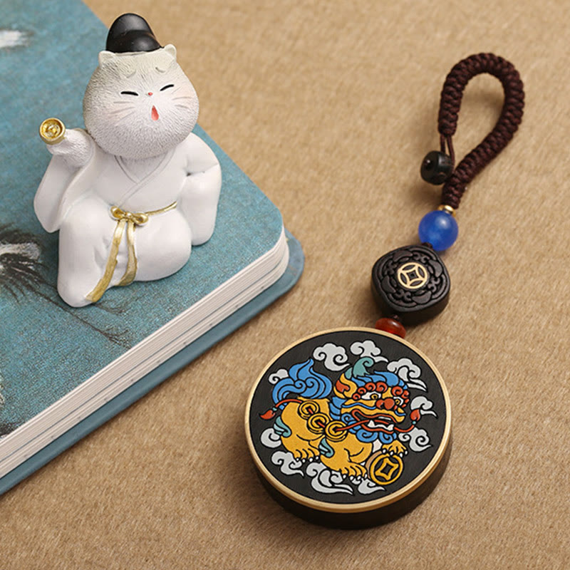 PiXiu Copper Coin Ebony Wood Luck Attract Wealth Key Chain Decoration