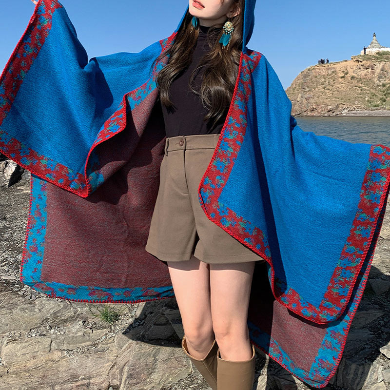 Tibetan Shawl Border Small Floral Flower Hooded Cloak Winter Cozy Travel Scarf Wrap
