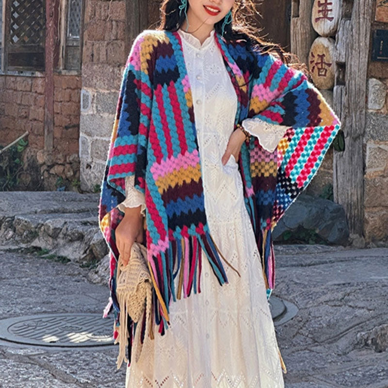 Tibetan Shawl Candy Color Braided Pattern Winter Cozy Travel Knitted Tassel Scarf Wrap