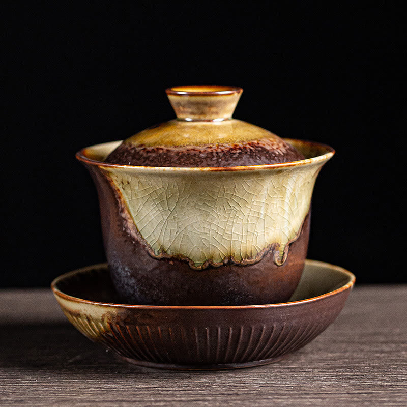 Vintage Brown Kiln Change Design Porcelain Ceramic Gaiwan Sancai Teacup Kung Fu Tea Cup And Saucer With Lid