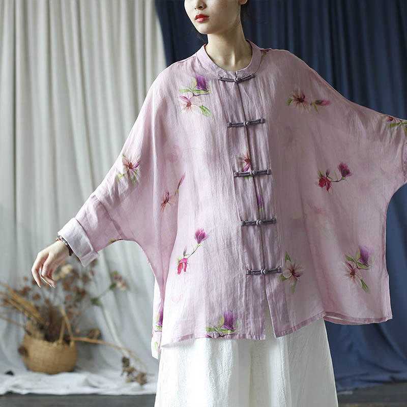Pink Flower Print Frog-button Design Batwing Long Sleeve Ramie Linen Jacket Shirt