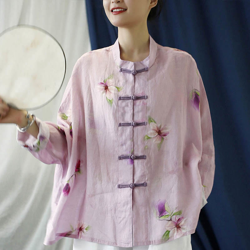 Pink Flower Print Frog-button Design Batwing Long Sleeve Ramie Linen Jacket Shirt