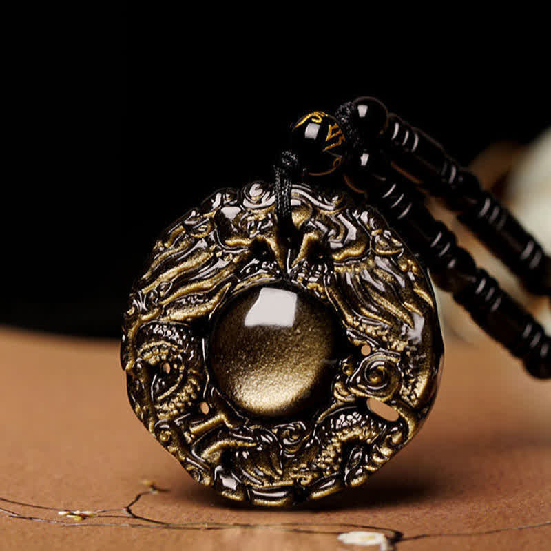 Natural Gold Sheen Obsidian Rainbow Obsidian Dragon Strength Necklace Pendant (Extra 35% Off | USE CODE: FS35)