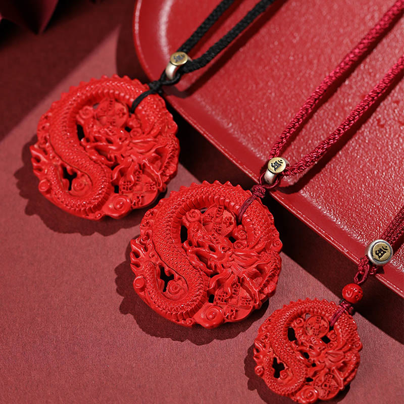 Year of the Dragon 925 Sterling Silver Natural Cinnabar Copper Coin Luck Necklace Pendant