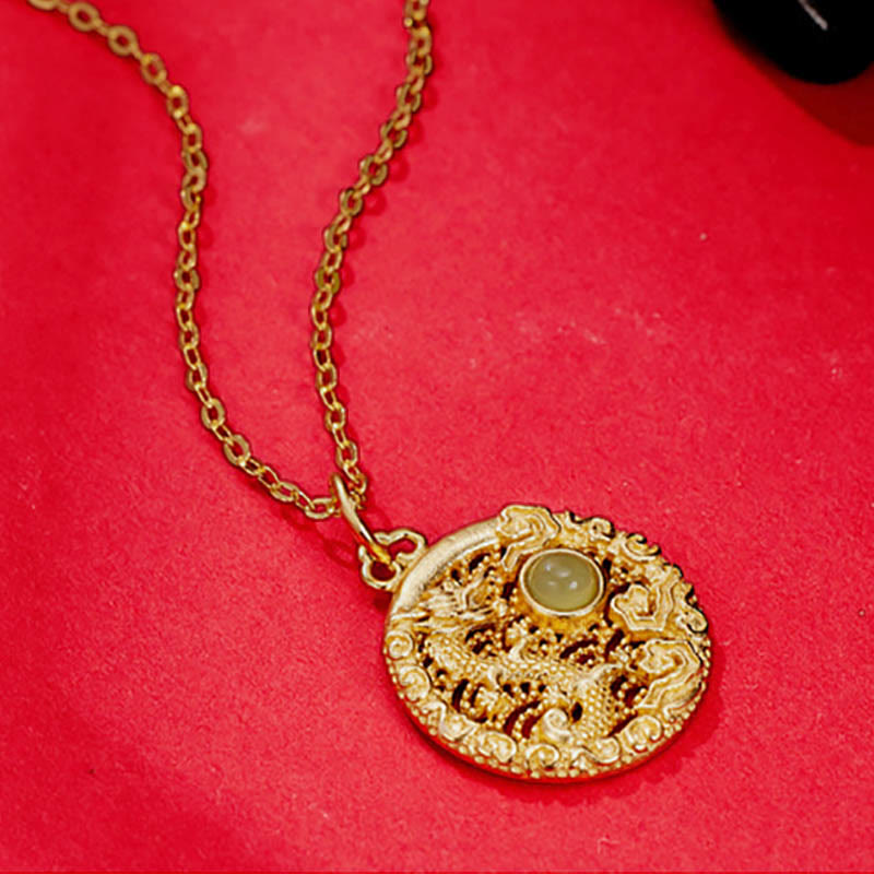 925 Sterling Silver Year Of The Dragon Auspicious Clouds Hetian Jade Inlaid Luck Necklace Pendant