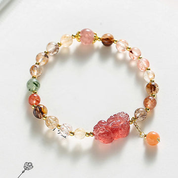 Hand-Assembled Natural Strawberry Quartz & Copper Pixiu Beaded Bracelet
