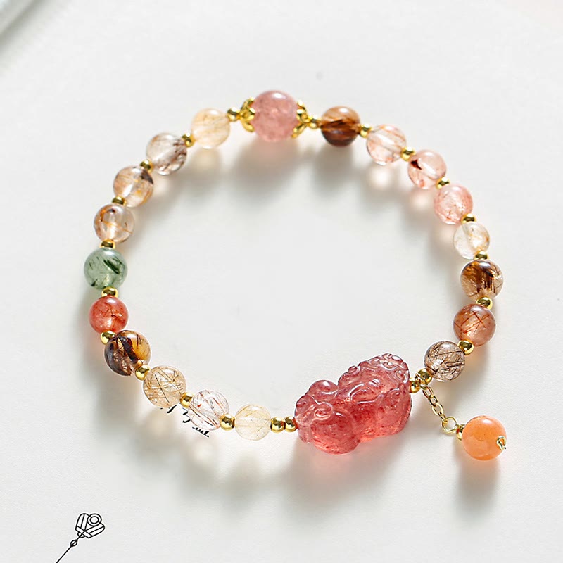 Hand-Assembled Natural Strawberry Quartz & Copper Pixiu Beaded Bracelet