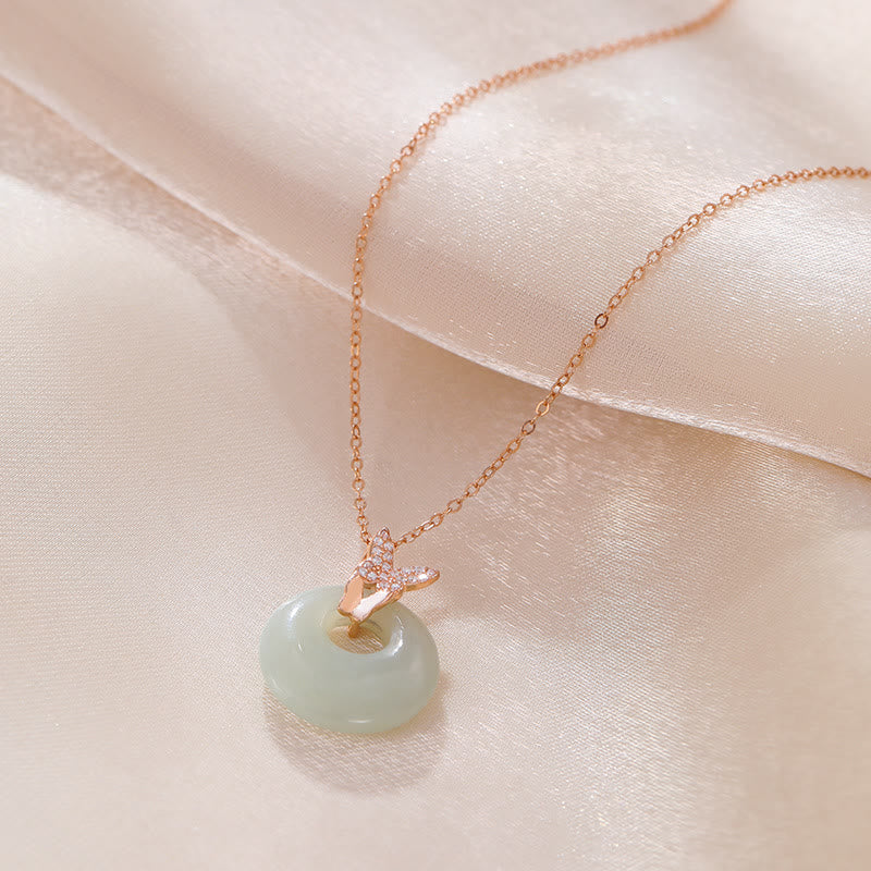 925 Sterling Silver Natural Hetian Jade Zircon Butterfly Luck Necklace Pendant