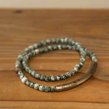 Green Jasper Beaded Brass Harmony Wrap Bracelet