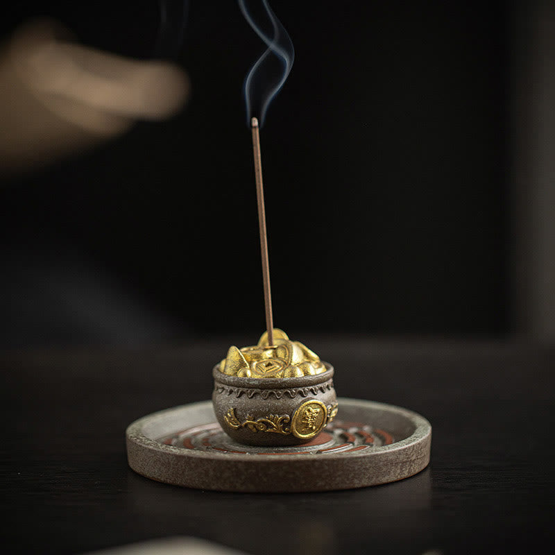 Ceramic Bagua Tray & Symbolic Wealth Vessel Stick Incense Burner